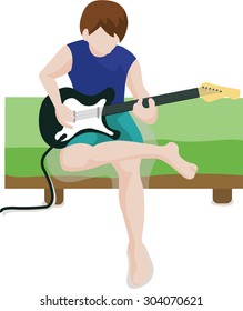 A teenage boy playing an electric guitar on his bed. Vector Illustration.
