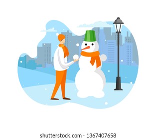 Teenage Boy Playing on City Street Making Funny Snowman in Bucket and Scarf with Carrot instead of Nose. Winter Time Fun and Outdoors Activity for Children. Cartoon Flat Vector Illustration. Icon