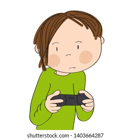 Teenage boy playing video games on game console, holding joystick, being very concentrated. Original hand drawn cartoon illustration.