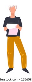 Teenage boy preparing for lessons in school, college or university. Isolated male character reading piece of paper, bookworm reader. Personage doing homework, vector in flat style illustration