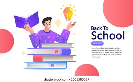 A teenage boy reading a big book. World book reading or literacy day banner. Book market or fair concept. Online reading. Back to school. College and university concept vector illustration.