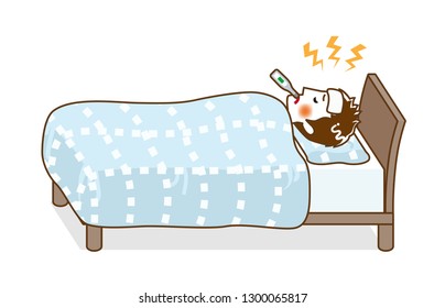 Teenage boy rest in bed who suffers fever of disease - Full length, line art