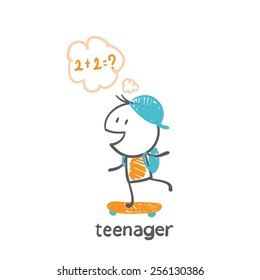 Teenage boy riding a skateboard and thinking about homework in the school illustration