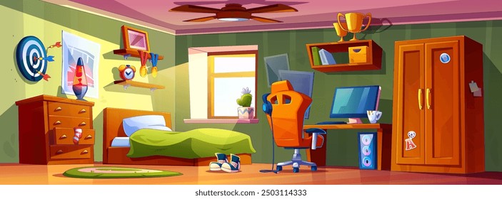 Teenage boy room interior with bed and wardrobe cabinet, computer on table and chair, sport medals and trophy cups, posters and dartboard on wall, cactus plant in pot on window sill. Cartoon vector.