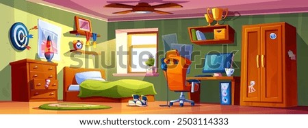 Teenage boy room interior with bed and wardrobe cabinet, computer on table and chair, sport medals and trophy cups, posters and dartboard on wall, cactus plant in pot on window sill. Cartoon vector.