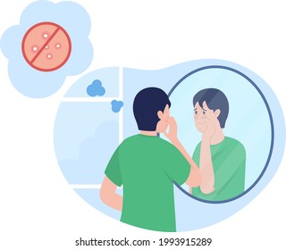 Teenage Boy Sad Over Pimple 2D Vector Isolated Illustration. Skin Care Issue With Acne. Sad Child Look In Mirror Flat Character On Cartoon Background. Teenager Problem Colourful Scene