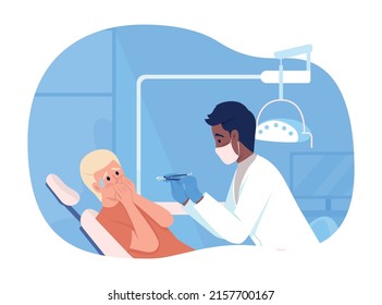 Teenage Boy Scared Of Dentist At Appointment 2D Vector Isolated Illustration. Patient And Doctor Flat Characters On Cartoon Background. Visit Dentist Colourful Scene For Mobile, Website, Presentation