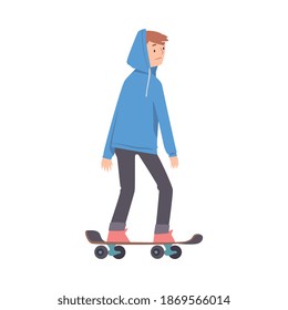 Teenage Boy Scateboarding, Summer Outdoor Activities Cartoon Style Vector Illustratio