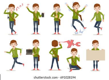 Teenage Boy Set . Variety Of Emotions And  Poses. Listen To Phone With Headphones, Hold Tablet, Finger Up, Blowing Chewing Gum, Jump, Walk, Run, Computer, Spray Paint Letters, Sit, Blank Paper Label. 