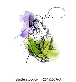 A Teenage Boy Sits In The Corner And Is Sad. Vector Sketch Illustration