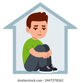 Teenage boy sitting alone at home, hugging knees. Depression, loneliness, social anxiety. Simple flat cartoon drawing. Mental health vector clip art illustration.