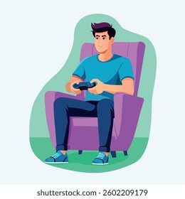 Teenage boy sitting in a chair playing video games holding gamepad vector illustration isolated on white.