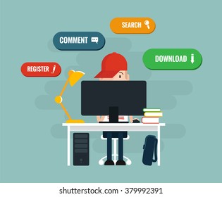 A teenage boy sitting  at the computer. Above is set of web buttons with icons. Active user of internet concept. Flat Style Illustration for Web Sites 