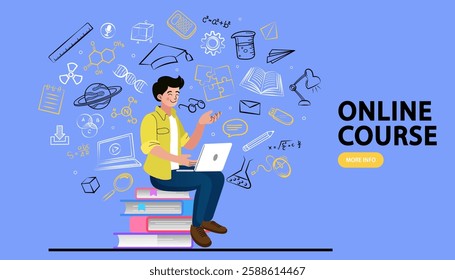 A teenage boy sitting on a large pile of books reading a big book. E-learning, online education or home schooling. Mobile phone with courses or tutorials. Flat Vector illustration. 