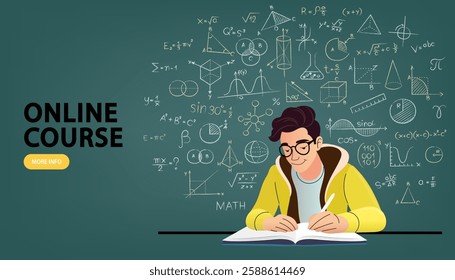 A teenage boy sitting on a large pile of books reading a big book. E-learning, online education or home schooling. Mobile phone with courses or tutorials. Flat Vector illustration. 