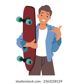 Adolescente con Skateboard en Mano, Enciende Un Gesto Ahogado Con El Pulgar Y El Pinky, Radiando La Vibe Carefre. Carácter Masculino Adolescente Aislado En Blanco. Ilustración de vectores de personas de caricatura