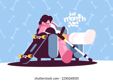 Teenage boy skater broken leg vector illustration. Sad young man sitting on arm-chair with skate crutches and gypsum flat style concept. Lettering just month