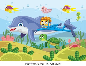 Niño adolescente Snorkeling con delfines ilustración