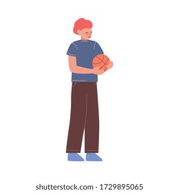 Teenage Boy Standing and Holding Ball, Basketball Player Vector Illustration