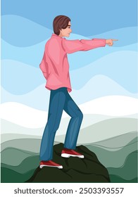 A teenage boy stands on a rock, showing and observing a scene. Cartoon vector art character design.
