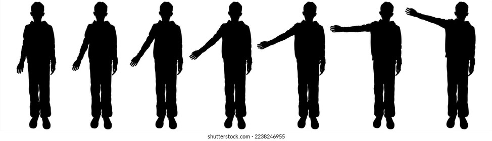 A teenage boy stands straight, moves with one hand, and raises or lowers up. A set of characters for hand movement animation. Front view, full face. Black silhouette isolated on white background.