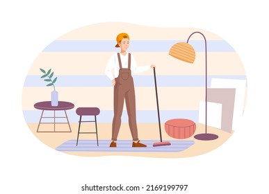 Teenage boy sweeping floor with broom at home. Responsible boy in overalls and cap doing housework and mopping floor in room. Child household chores, everyday routine flat vector