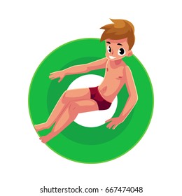 Teenage boy swimming on floating inflatable ring, top view cartoon vector illustration isolated on white background. Teen boy floating on inflatable ring