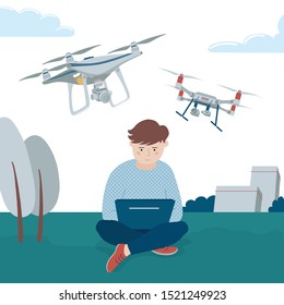 Teenage boy, teenager controlling, operating, playing with two quadcopter drones from his laptop, sitting on the grass in park, flat style vector illustration isolated on white background