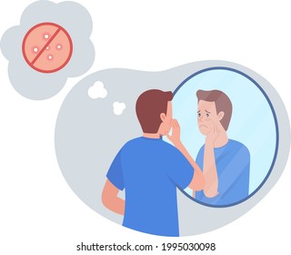 Teenage Boy Upset Over Acne 2D Vector Isolated Illustration. Facial Issue, Pimples On Skin. Unhappy Kid Look In Mirror Flat Character On Cartoon Background. Teenager Problem Colourful Scene