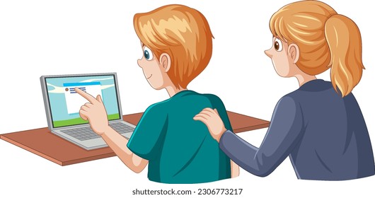 Teenage Boy Using Laptop with His Mom illustration