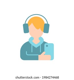 Teenage boy vector flat color icon. Male teenager. Adolescence, gen z. School kid, child with smartphone. Person avatar. Cartoon style clip art for mobile app. Isolated RGB illustration