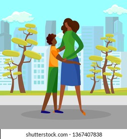 Teenage Boy Watching with Love and Hugging Woman Standing on City Street Background with Skyscrapers and Trees. Son Tenderly Embracing Mother Outdoors in Sunny Day. Cartoon Flat Vector Illustration.