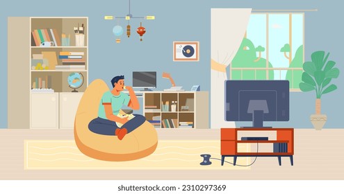Teenage boy watching TV at home in his room flat vector illustration. Boy sitting on the bean bag chair eating pop corn.