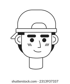 Teenage boy wearing baseball cap backwards monochrome flat linear character head. Cool student. Editable outline hand drawn human face icon. 2D cartoon spot vector avatar illustration for animation