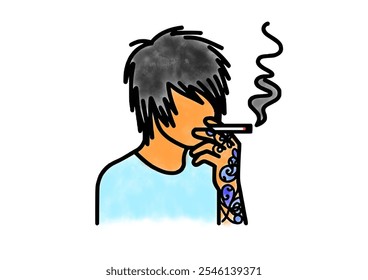 A teenage boy wearing blue T shirt smoking cigarette illustration vector.