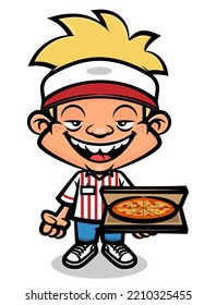 Teenage Boy wearing fast food restaurant uniform and delivery a box of Pizza to Customer. Best for sticker, logo, and mascot with part-time job for student