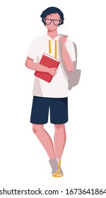 A teenage boy wearing glasses with a backpack on his shoulder and a book in his hand. A young student on the day of class. 
Vector illustration on white background