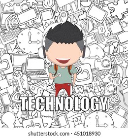 Teenage boy wearing hat playing with phone happy template design thinking idea with social network icons background. drawing by hand vector
