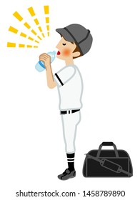 Teenage boy who wears baseball uniform drinking sports drink for prevent heat stroke