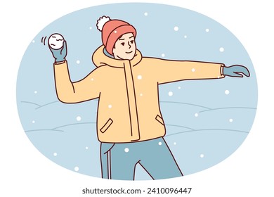 Teenage boy in winter clothes and hat plays snowballs throws snow at friends. Youth guy stands on street among snowdrifts enjoys cold weather and frolic during holidays. Flat vector illustration