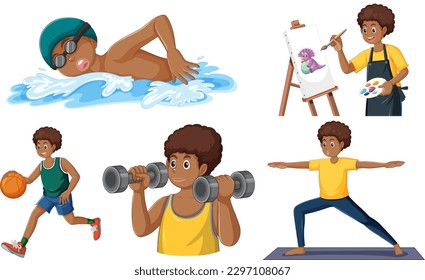 Teenage Boys Doing Different Activities Collection illustration