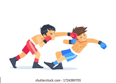 Teenage boys fighting boxing. Cartoon style, vector illustration isolated on white background.