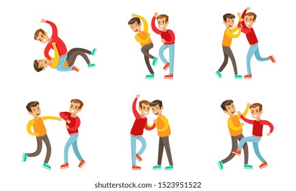 Teenage Boys Fighting and Quarreling Set, Aggressive Behavior at School, Aggressive Boy Pushing and Kicking Another Vector Illustration