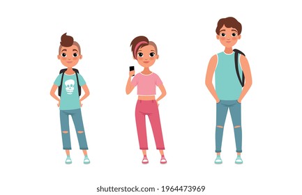 Teenage Boys and Girl Standing with Backpacks, Stage of Growing up of People Cartoon Vector Illustration
