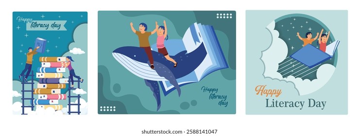 Teenage boys and girls are stacking books. Children imagine riding a big whale. Reading books becomes an imagination for children. Happy Literacy Day concept. Set flat vector illustration.