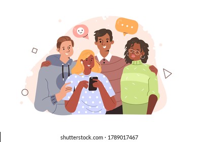 Teenage Boys and Girls Standing Together. People Characters Hugging each other and Smiling. Happy Friends Having Fun. Friendship Concept. Flat Cartoon Vector Illustration.