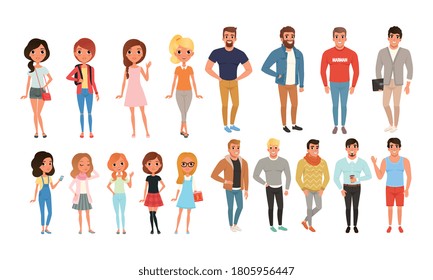 Teenage Boys and Girls in Various Outfits, Students Posing Wearing Fashionable Clothes Cartoon Style Vector Illustration