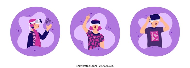 Teenage boys and girls wearing vr glasses. The concept of the metaverse. Technologies of virtual reality games. Vector illustration in a flat style