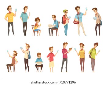 Grupos de meninos adolescentes com aparelhos eletrônicos de celulares inteligentes comunicando on-line retro ícones dos desenhos animados coleção Ilustração vetorial isolada