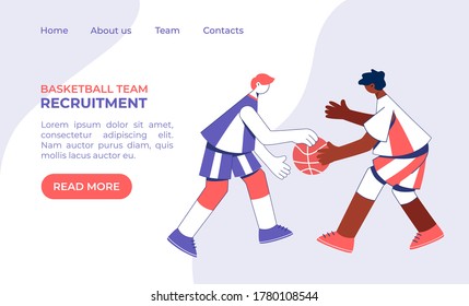 Teenage boys playing basketball concept. Young man training dribble. Vector illustration. Sport activity. Landing page for basketball team recruitment.